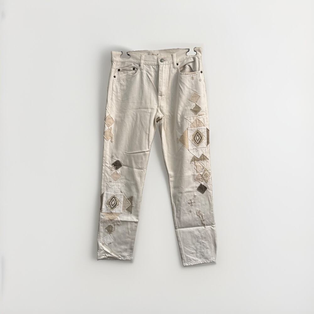 Polo Ralph Lauren Size 26 The Avery Boyfriend Patchwork Jeans Ivory Cropped